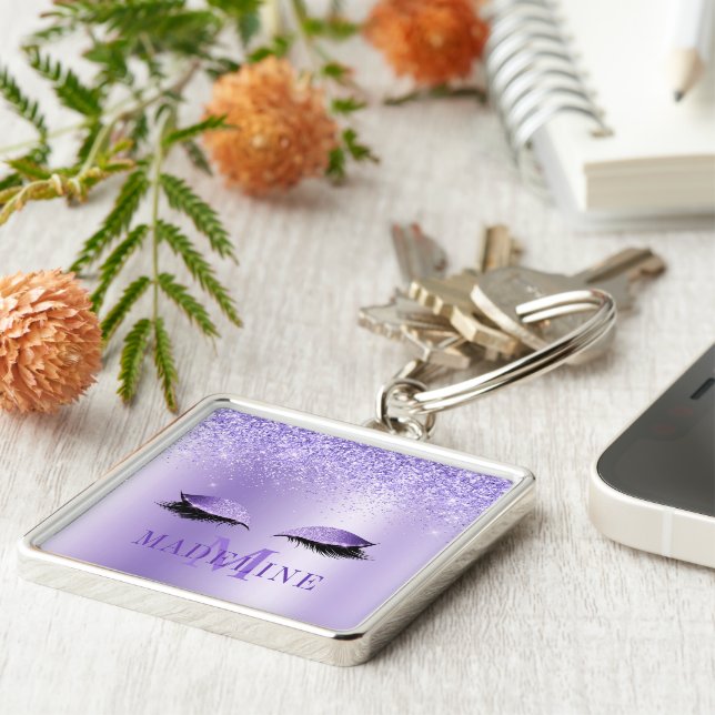 Modern Fashionable Monogram Glitter Lashes Purple Key Ring (Side)
