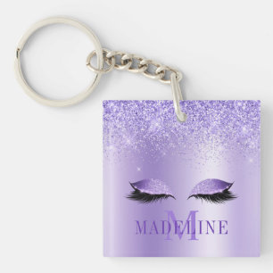 Modern Fashionable Monogram Purple Glitter Lashes Key Ring