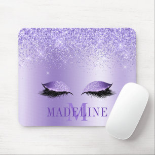 Modern Fashionable Monogram Purple Glitter Lashes Mouse Mat
