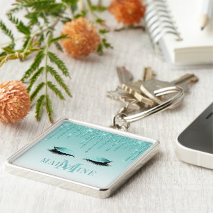 Modern Fashionable Monogram Teal Glitter Lashes Key Ring