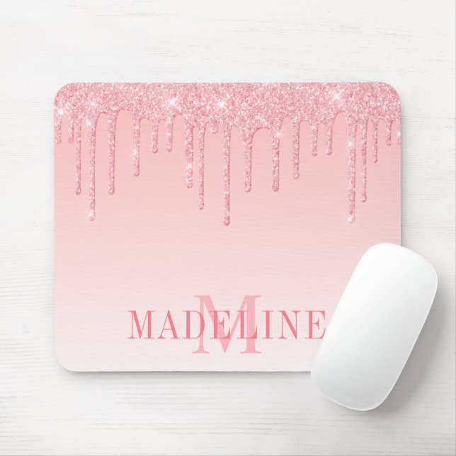 Modern Fashionable Pink Blush Glitter Monogram Mouse Mat (With Mouse)