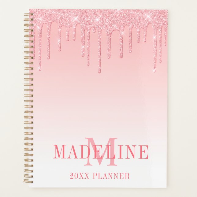 Modern Fashionable Pink Blush Glitter Monogram Planner (Front)