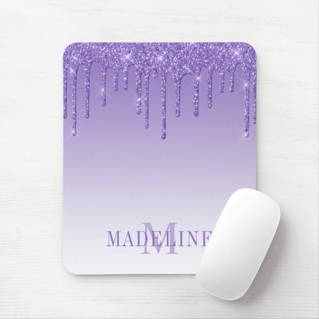 Modern Fashionable Purple Glitter Drip Monogram Mouse Mat (With Mouse)
