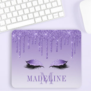 Modern Fashionable Purple Glitter Lashes Monogram Mouse Mat