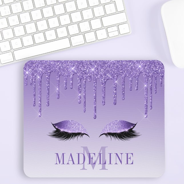 Modern Fashionable Purple Glitter Lashes Monogram Mouse Mat (Customize to change text color, text style or to add more text.)