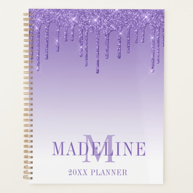 Modern Fashionable Purple Glitter Monogram Planner (Front)