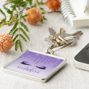 Modern Fashionable Purple Monogram Glitter Lashes Key Ring