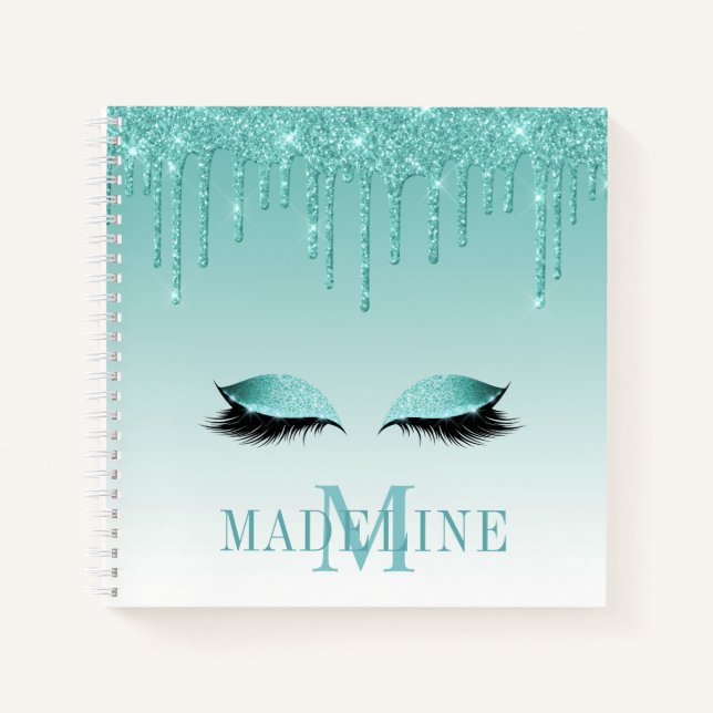 Modern Fashionable Teal Glitter Lashes Monogram Notebook (Front)