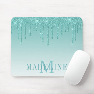 Modern Fashionable Teal Glitter Monogram Mouse Mat