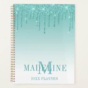 Modern Fashionable Teal Glitter Monogram Planner