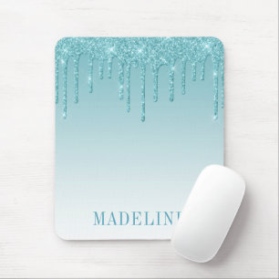Modern Fashionable Trendy Aqua Glitter Drip Mouse Mat