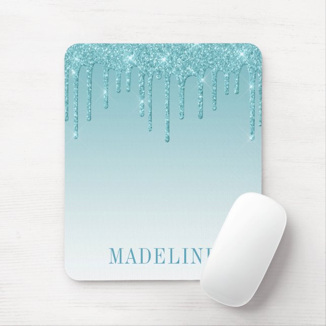 Modern Fashionable Trendy Aqua Glitter Drip Mouse Mat (With Mouse)