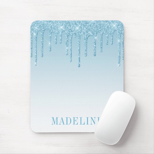 Modern Fashionable Trendy Light Blue Glitter Drip Mouse Mat (With Mouse)