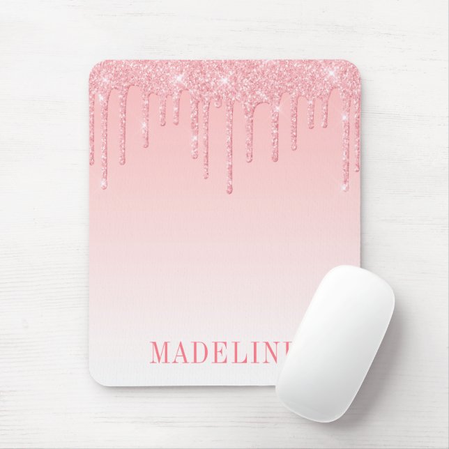 Modern Fashionable Trendy Pink Blush Glitter Drip Mouse Mat (With Mouse)