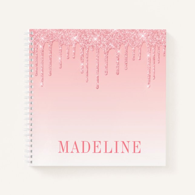 Modern Fashionable Trendy Pink Blush Glitter Drip Notebook (Front)
