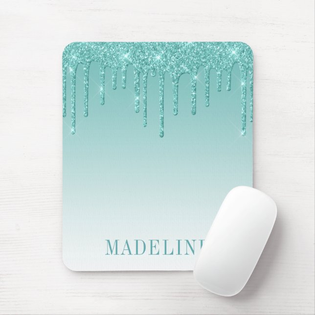 Modern Fashionable Trendy Teal Glitter Drip Mouse Mat (With Mouse)