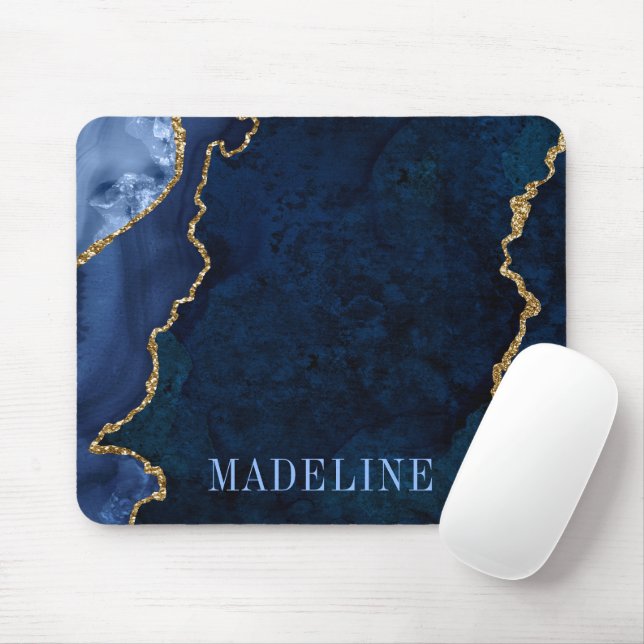 Modern Fashionable Watercolor Blue Marble Geode Mouse Mat (With Mouse)
