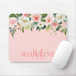 Modern Fashionable Watercolor Pink Floral Monogram Mouse Mat