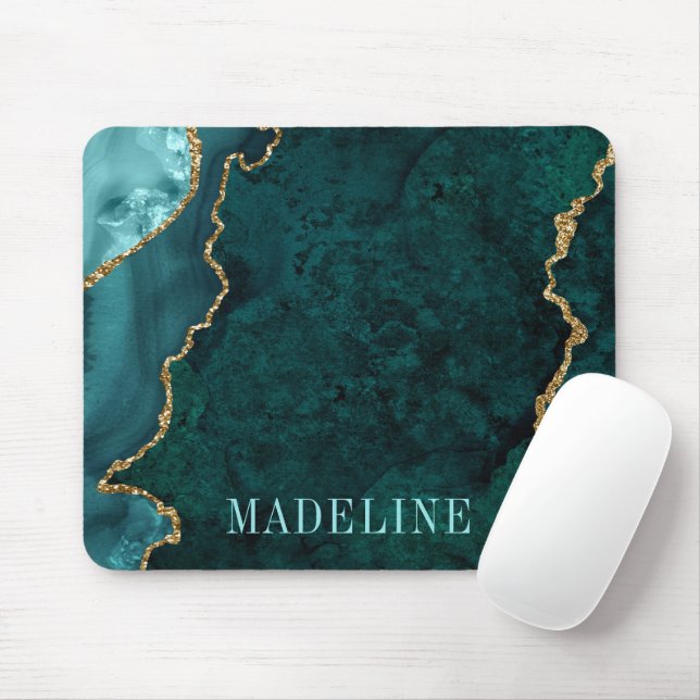 Modern Fashionable Watercolor Teal Marble Geode Mouse Mat (With Mouse)