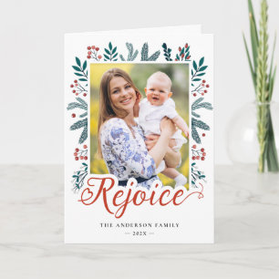 Modern Fassist Rejoice Script Pine Berries Photo Holiday Card