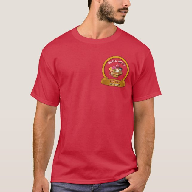 Modern Fast Food Restaurant Custom Logo Name Red T-Shirt (Front)