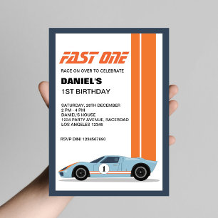 Modern Fast One Race Car 1st Birthday Party Invitation