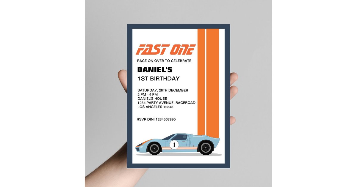Modern Fast One Race Car 1st Birthday Party Invitation | Zazzle