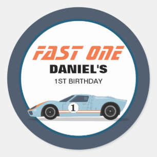 Modern Fast One Race Car Boy 1st Birthday Classic Round Sticker