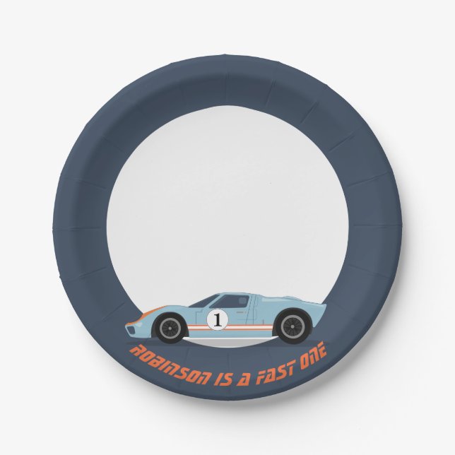 Modern Fast One Race Car Boy 1st Birthday Paper Plate (Front)