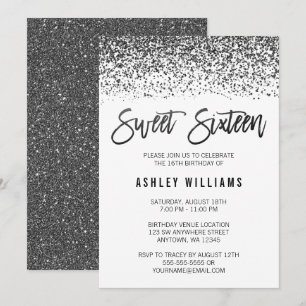 Modern Faux Black Glitter Sweet 16 Birthday Invitation
