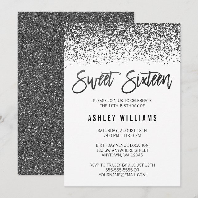 Modern Faux Black Glitter Sweet 16 Birthday Invitation (Front/Back)