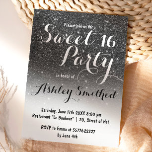 Modern faux black glitter white ombre Sweet 16 Invitation