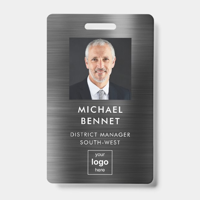 Modern Faux Black Metallic Corporate Photo ID Badge (Front)