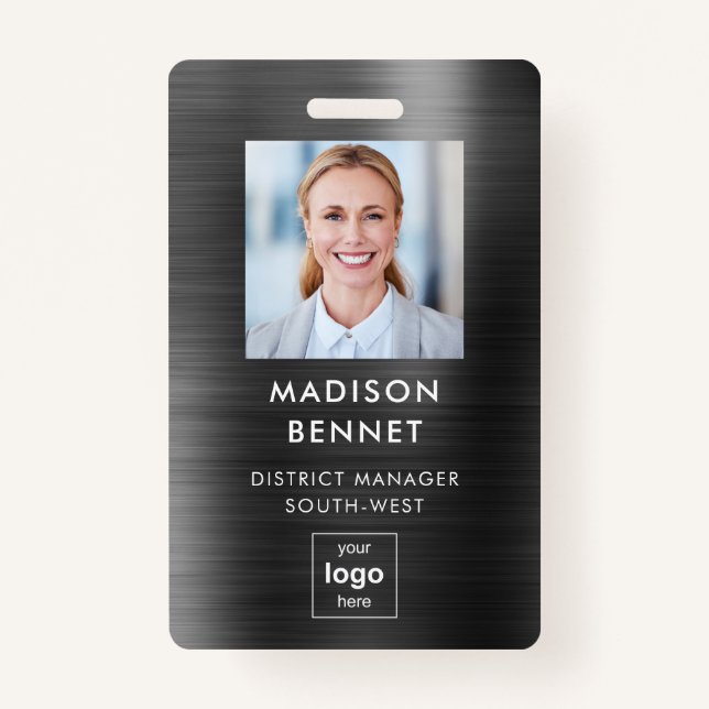 Modern Faux Black Metallic Corporate Photo ID ID Badge (Front)