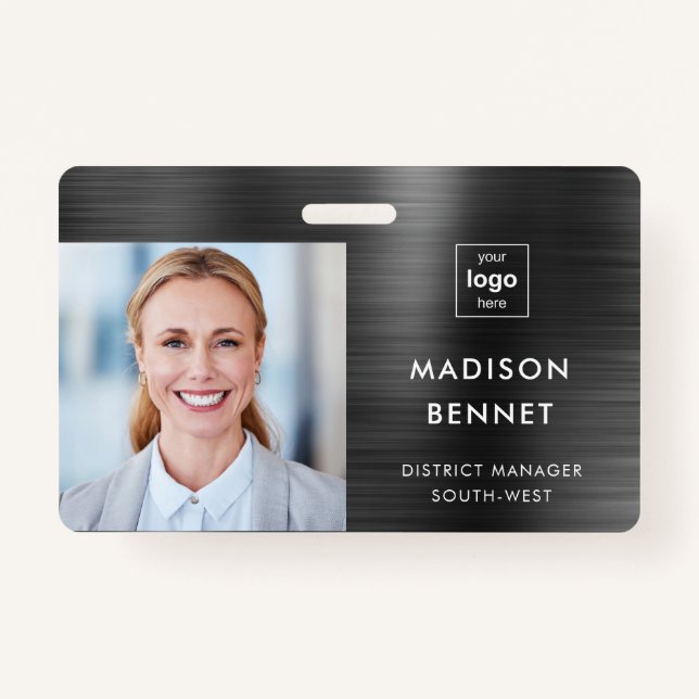 Modern Faux Black Metallic Corporate Photo ID  ID Badge (Front)