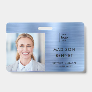 Modern Faux Blue Metallic Corporate Photo ID Badge