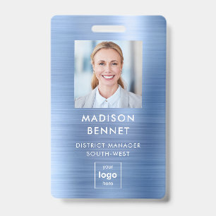 Modern Faux Blue Metallic Corporate Photo ID Badge