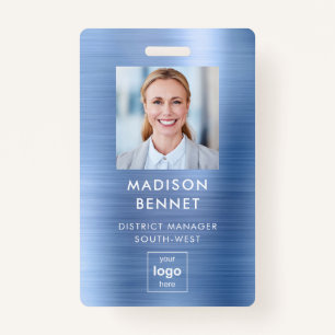 Modern Faux Blue Metallic Corporate Photo ID  ID Badge