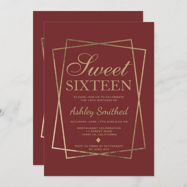 Modern faux chic gold script burgundy Sweet 16 Invitation (Front/Back)