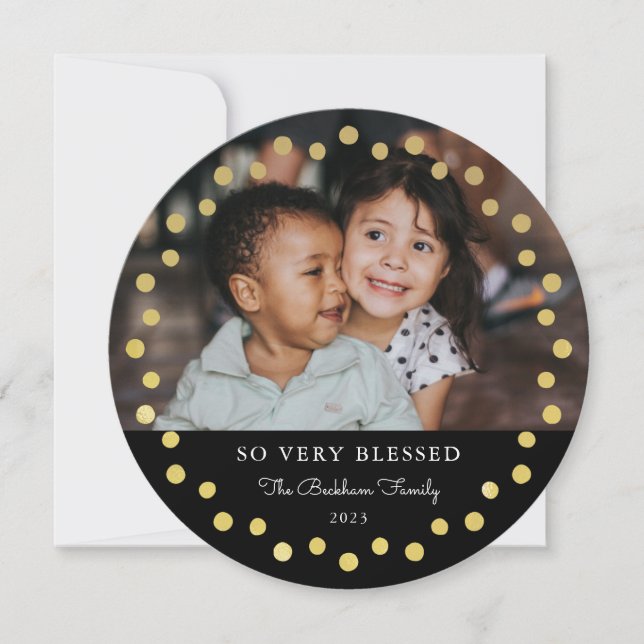 Modern Faux Foil Gold Dots Photo Ornament Black Holiday Card (Front)