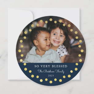Modern Faux Foil Gold Dots Photo Ornament Navy Holiday Card