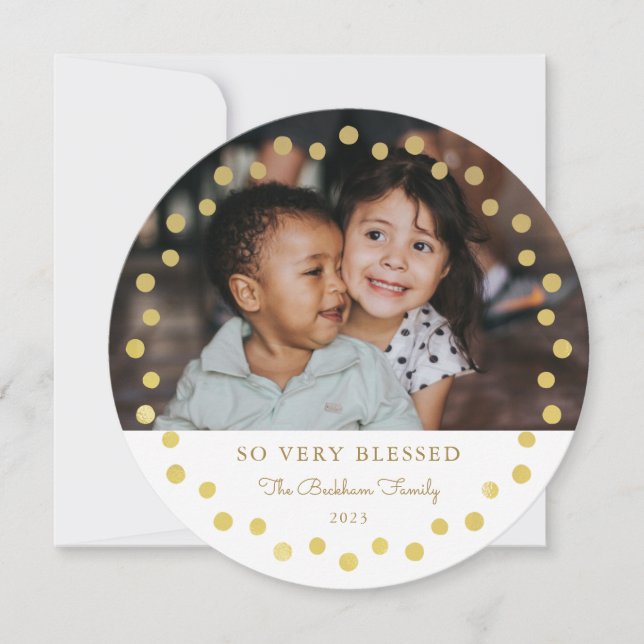 Modern Faux Foil Gold Dots Photo Ornament White Holiday Card (Front)