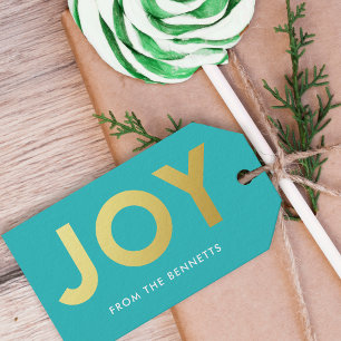 Modern Faux Foil Joy Name Christmas Gift Tags