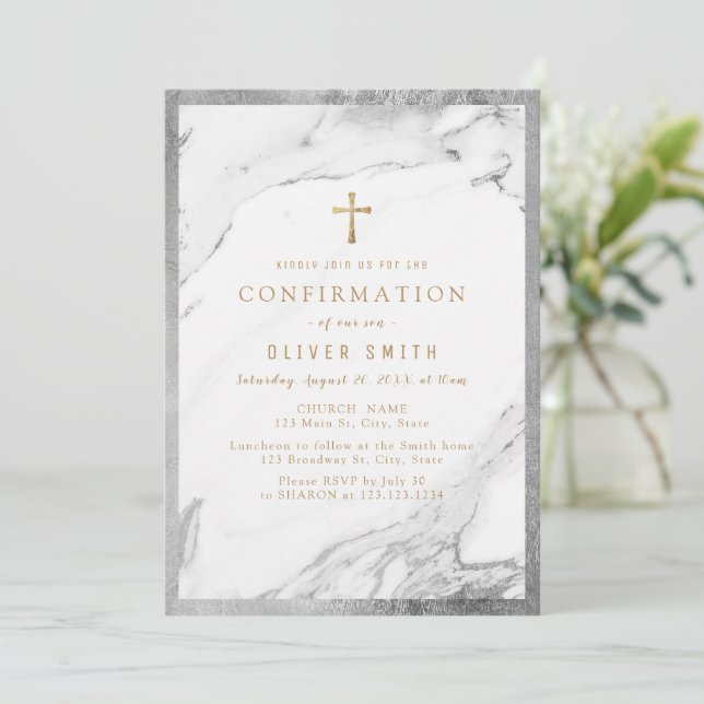 Modern faux gilded silver marble confirmation invitation (Standing Front)