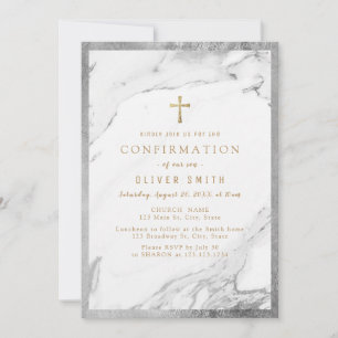 Modern faux gilded silver marble confirmation invitation