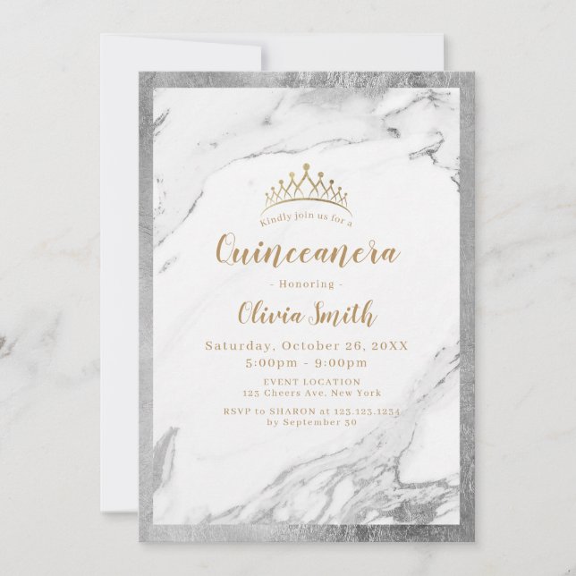 Modern faux gilded silver marble Quinceanera Invitation (Front)