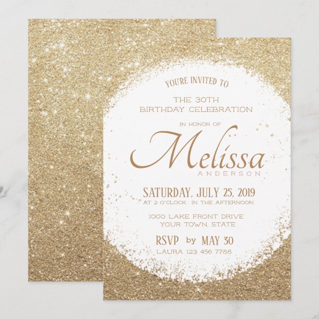 Modern Faux Glitter Gold and White Birthday Invite (Front/Back)