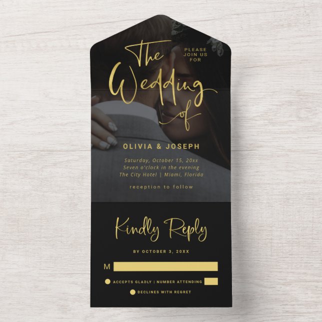 Modern Faux Gold and Black Overlay | Photo Wedding All In One Invitation (Inside)