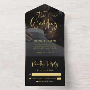 Modern Faux Gold and Black Overlay   Photo Wedding All In One Invitation