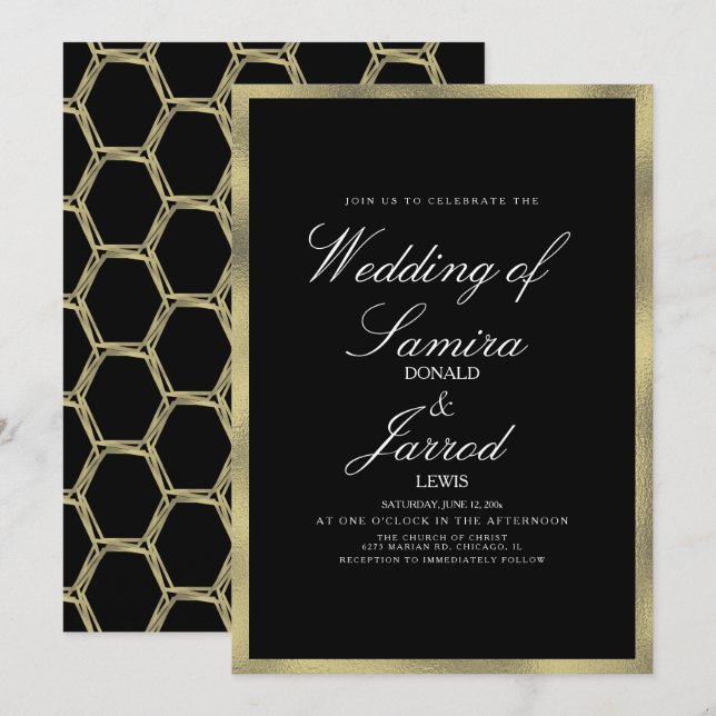 Modern Faux Gold Black Geometrical Wedding Invitation (Front/Back)